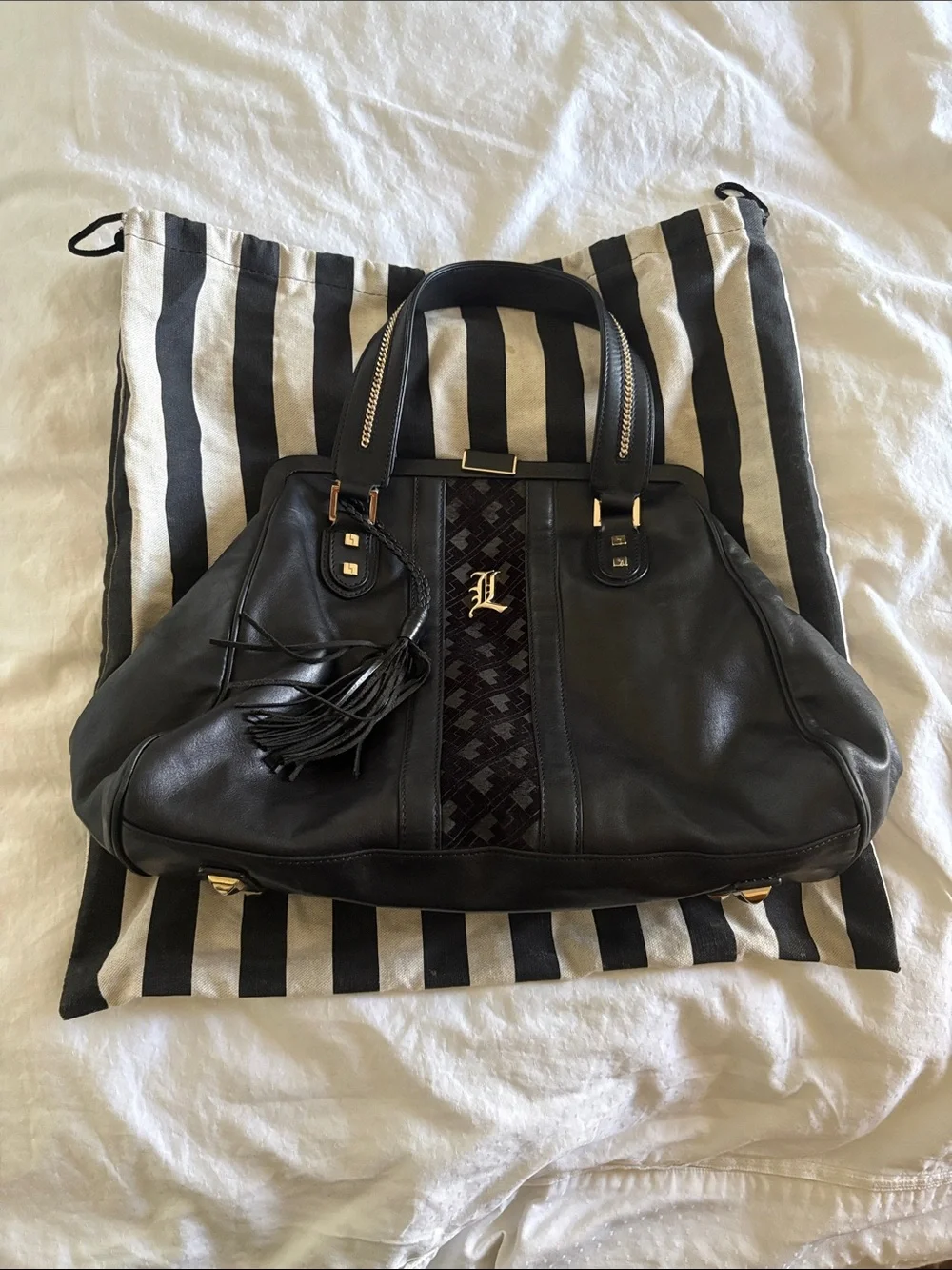 LAMB Black Leather Tote Bag with Tassel Accent - Picture 1 of 7